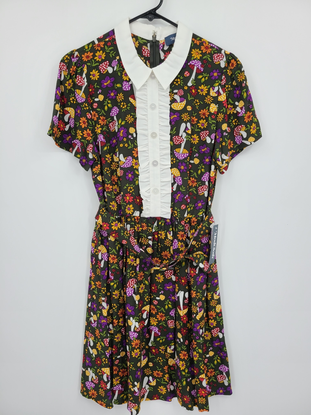 ModCloth Cottagecore Olive Green Mushroom & Flora Belted Dress Size 6 - Picture 11 of 12